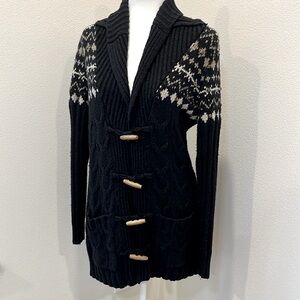 Ruff Hewn Long Fair Isle Black Beige Cardigan Embellished Sweater Small
